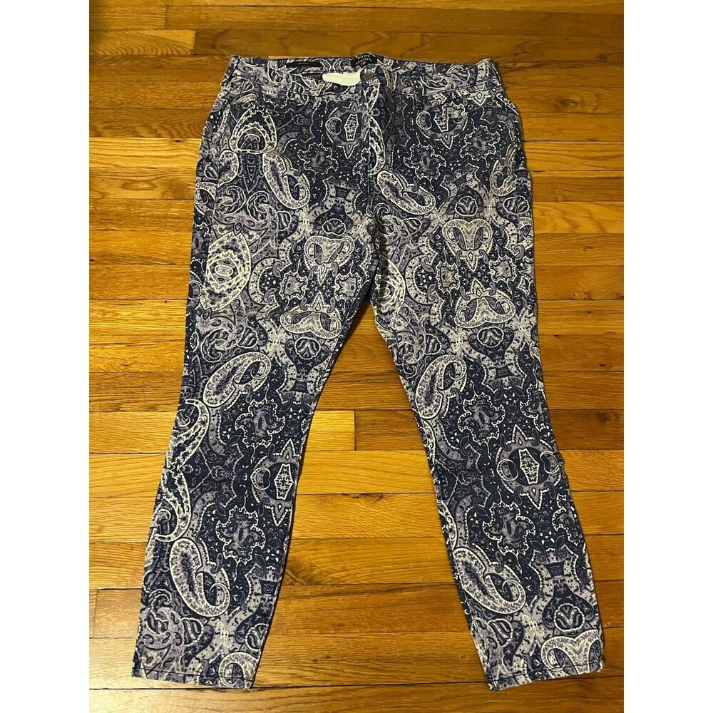 NYDJ Women’s Blue/White Paisley Lift Tuck Skinny Pants Flat Front Pockets